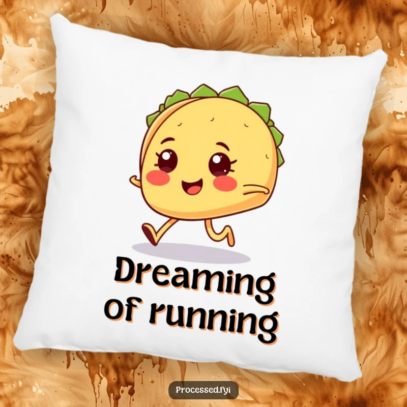 Funny smiling taco with tiny legs jogging determinedly, a humorous and soft pillow for comfort.