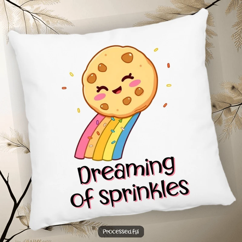 Funny winking cookie sliding down a vibrant rainbow of sprinkles, offering a soft and humorous decorative pillow.