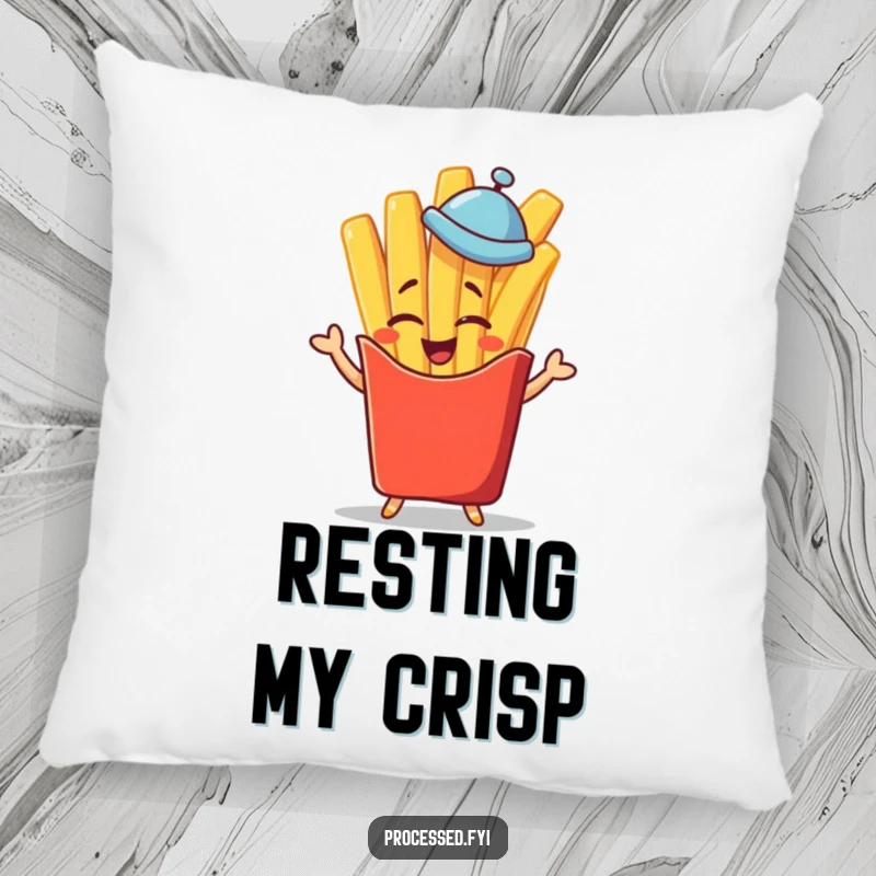Funny winking french fry character in a tiny hat giving a jaunty salute, a soft and funny decorative pillow.