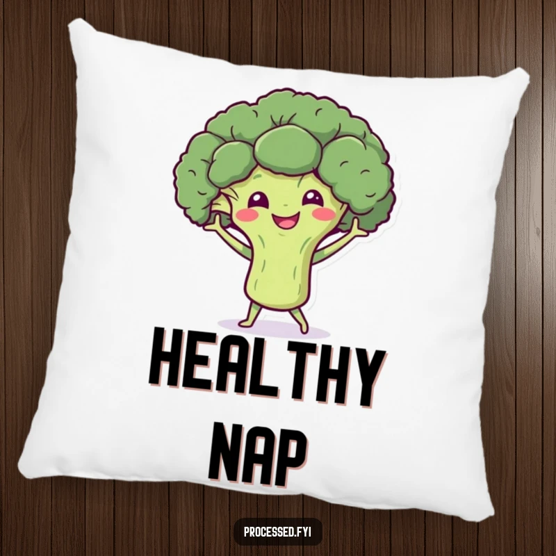 Funny pillow featuring a smiling broccoli character doing a lively dance with tiny arms, offering comfort and a healthy, cheerful touch.