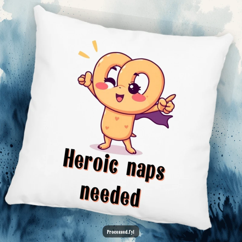 Funny pretzel superhero pillow featuring a winking pretzel character in a heroic pose, offering heroic comfort and humor.