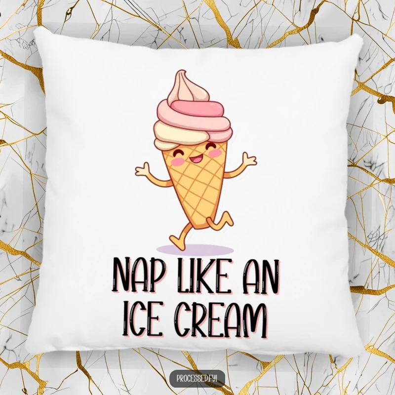 Funny ice cream cone pillow with a smiling anthropomorphic ice cream cone doing a playful hop, offering sweet comfort.