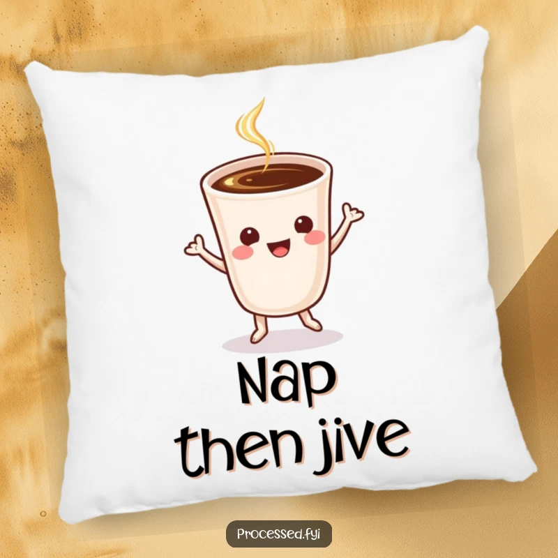Funny cheerful coffee cup caught mid-jig, offering a soft and humorous decorative pillow.