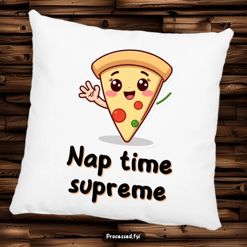 Funny pillow featuring a delighted pizza slice with wide, friendly eyes, its pepperoni hand waving cheerfully, perfect for adding cozy humor.