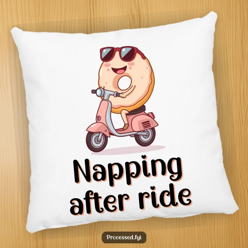 Funny Donut Scooter Pillow, a cool donut with shades on a scooter, soft and humorous accent for any room.