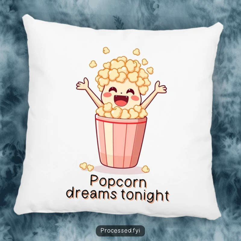 Funny Pillow featuring an ecstatic bag of popcorn leaping joyfully, providing comfort and a dose of cinematic humor.