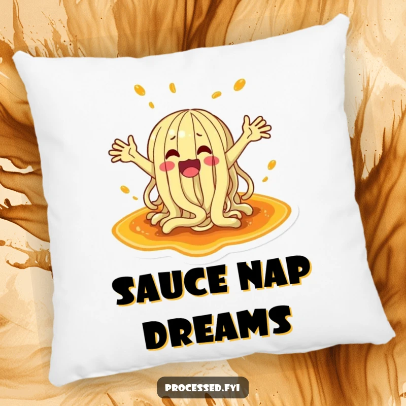 Funny pillow featuring a flailing noodle character joyfully splashing in a rich puddle of savory sauce, soft and huggable.