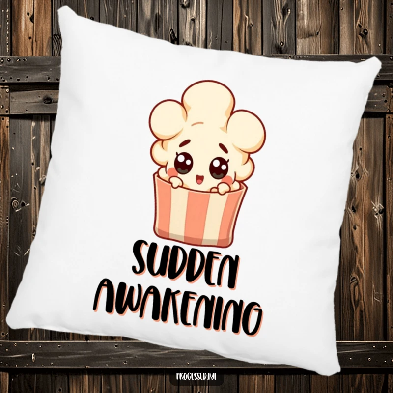 Funny popcorn kernel character popping out of a bag with wide surprised eyes, a soft and funny decorative pillow.