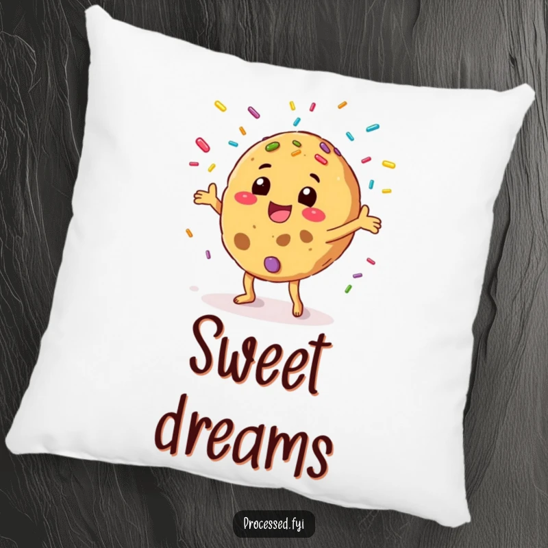 Funny pillow featuring a happy anthropomorphic cookie juggling colorful sprinkles, providing comfort and a sprinkle of sweet joy.