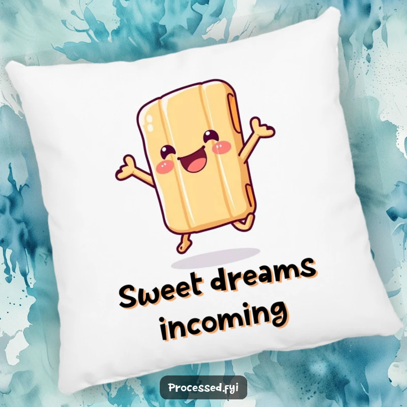 Funny pillow with a plush candy bar in its wrapper, depicted mid-jump with pure, energetic, sweet delight.