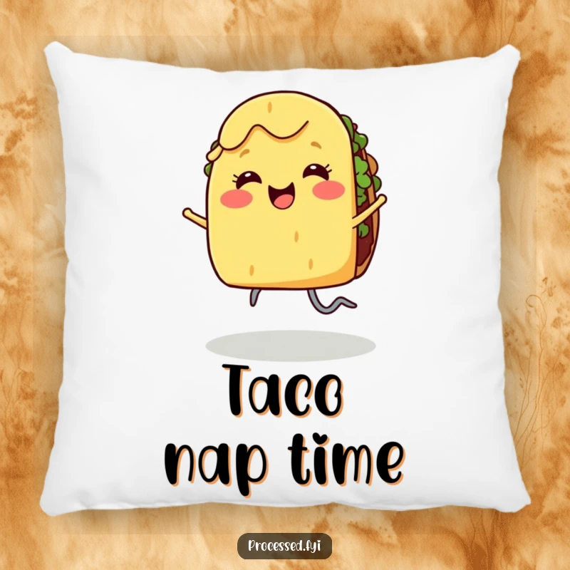 Funny pillow featuring a smiling taco with legs dancing joyfully, perfect for a fun and flavorful decor.