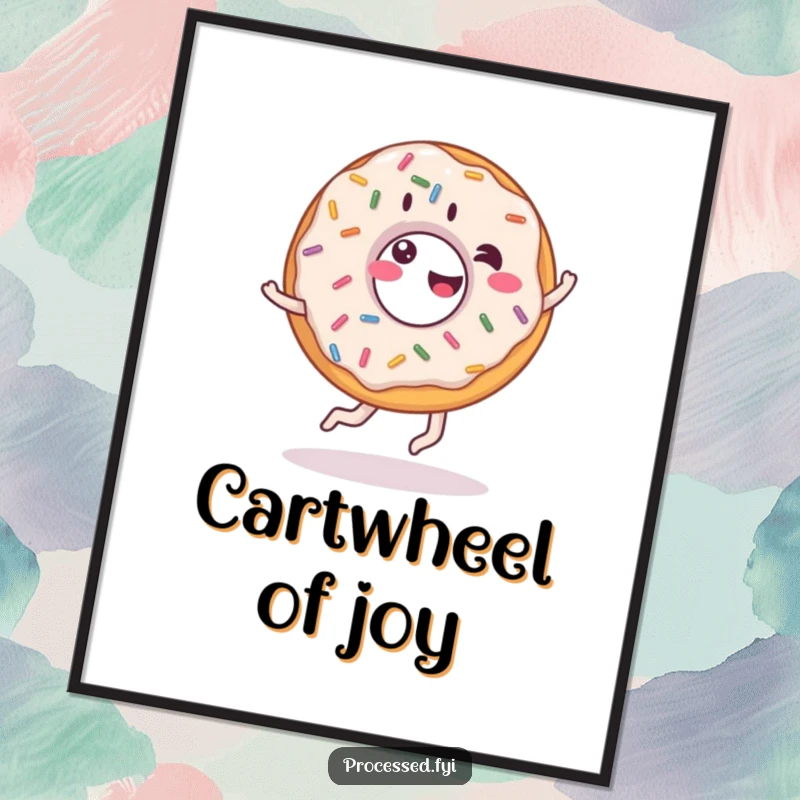 Funny donut digital art print, giddy donut with sprinkles doing a cartwheel, instant download for sweet and humorous decor.