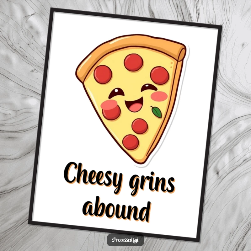 Funny digital art print of a joyful pizza slice with pepperoni, winking playfully, instant downloadable decor