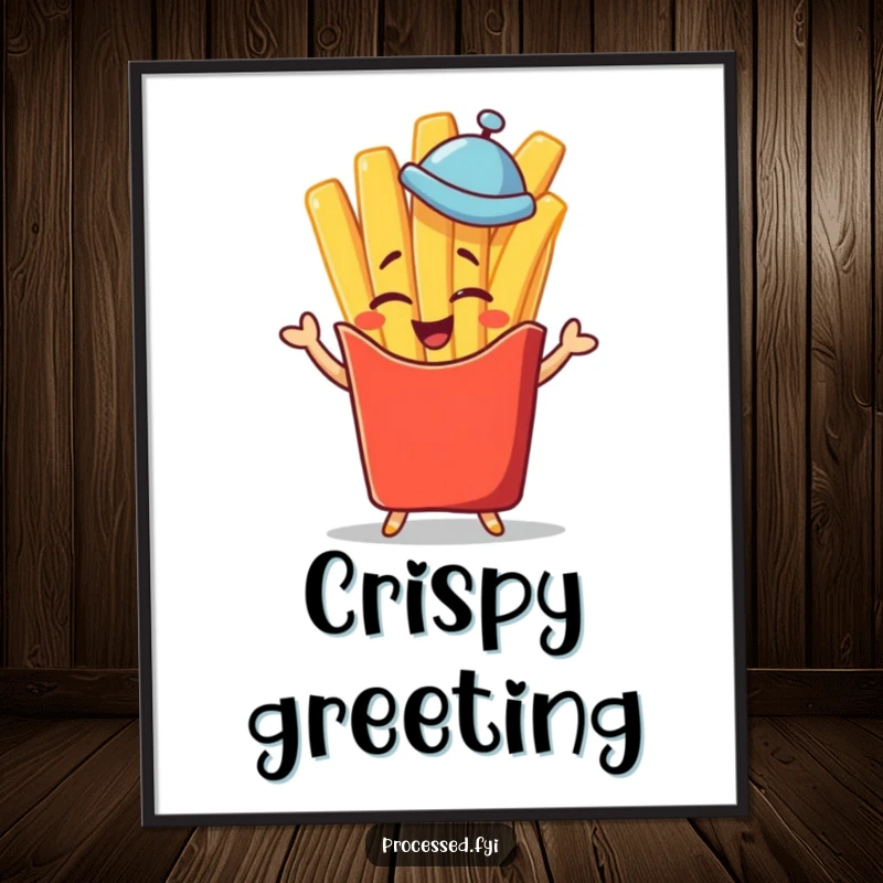 Funny winking french fry character in a tiny hat giving a jaunty salute, hilarious digital art for immediate download.