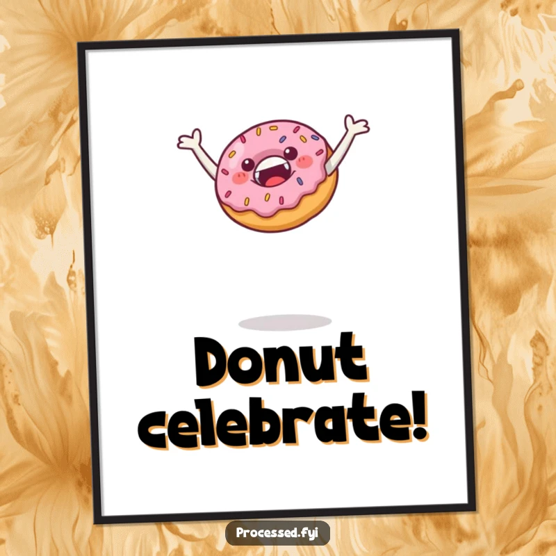 Funny digital art print of a jubilant donut with sprinkles leaping high, ready to instantly add vibrant sweetness and happy humor.