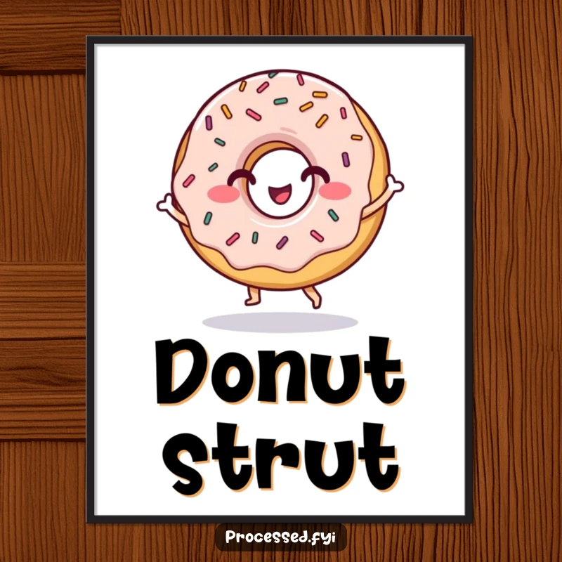 Funny digital art print of a grinning donut character dancing with sprinkles, bringing sweet humor and personality to displays.