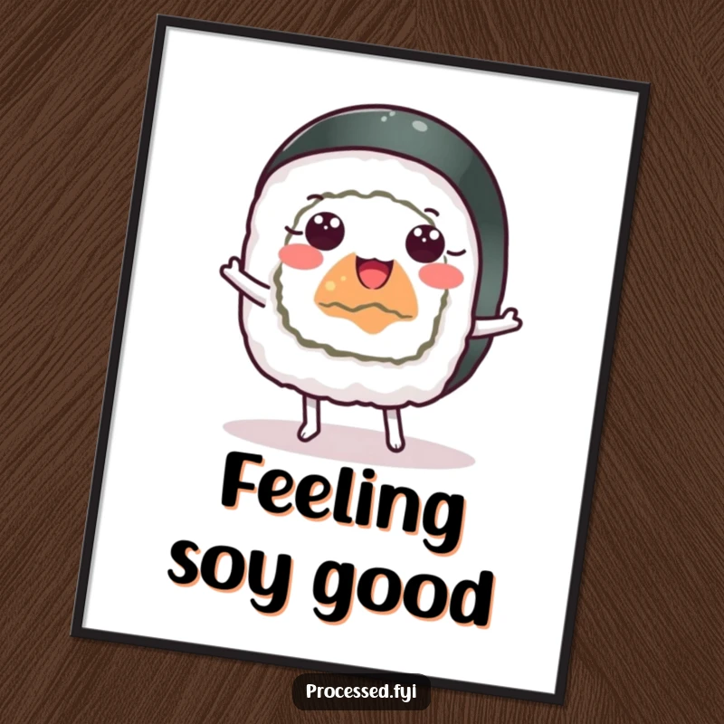 Funny cheerful sushi roll with wide eyes dancing happily, humorous digital art print for instant joy.