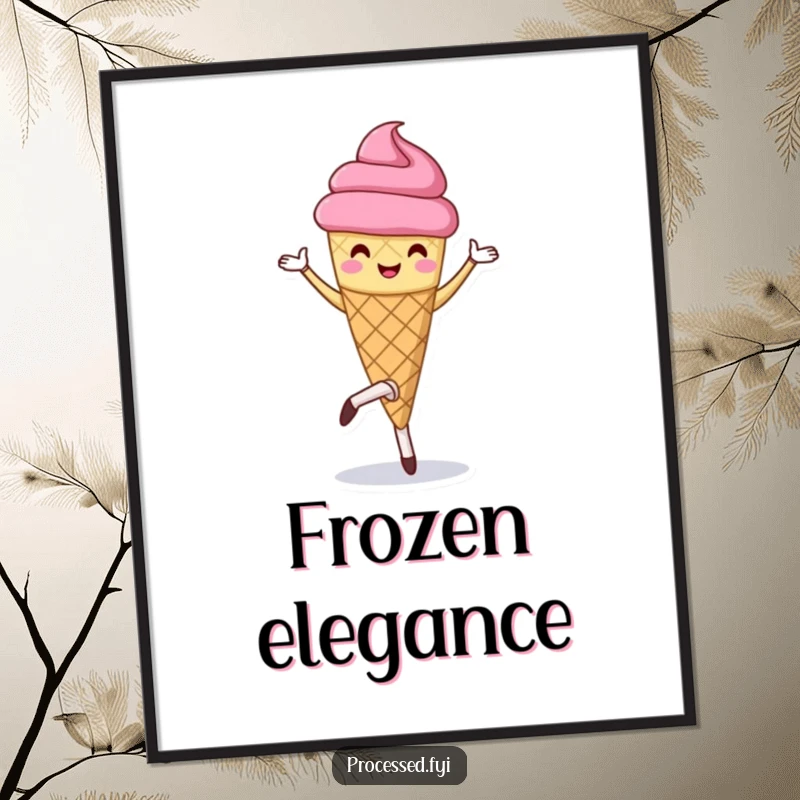 Funny digital art print of a cheerful anthropomorphic ice cream cone performing a pirouette, ideal for sweet decor.