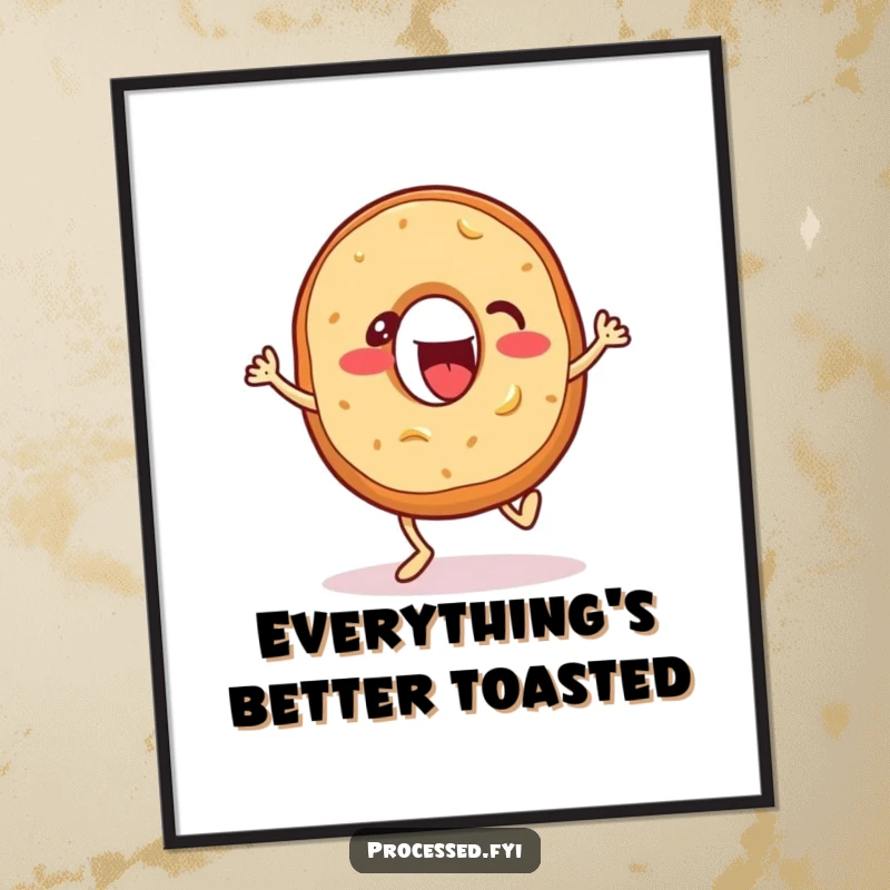 Funny digital art print of an energetic bagel with cream cheese, enthusiastically tapping its feet, instant downloadable decor