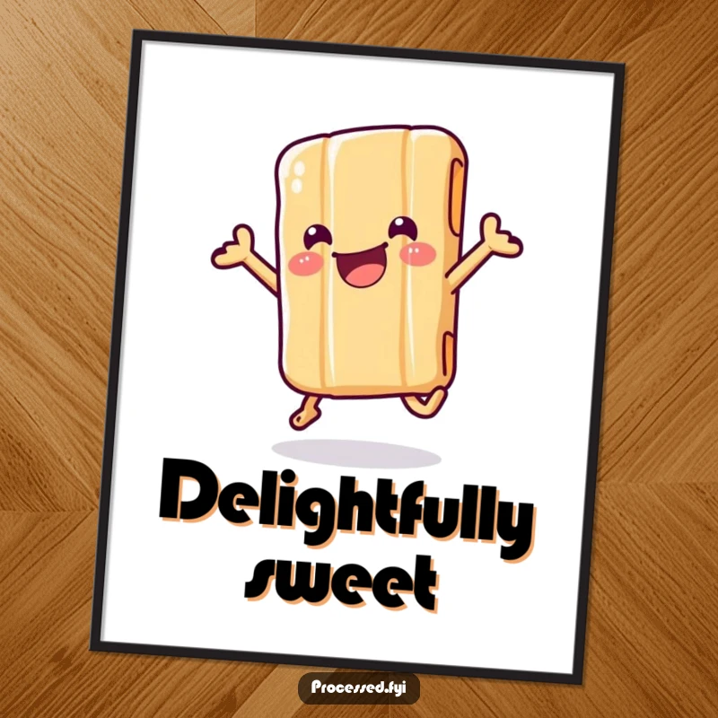 Funny digital art print of a wiggling candy bar in its wrapper, captured mid-jump with pure, infectious, sweet delight.