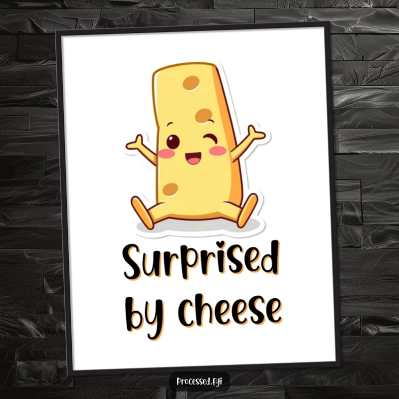 Funny cheese wedge character, doing a split with a surprised grin. A humorous digital artwork for immediate cheer.