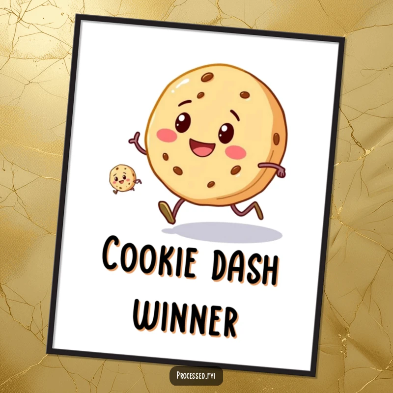 Funny Cookie Race Digital Art Print: A smiling cookie with tiny legs running a race, a piece of humorous athletic art.