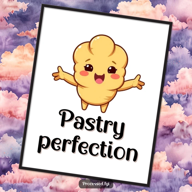 Funny croissant digital art print of a beaming, anthropomorphic croissant with arms outstretched, radiating cartoon warmth and happiness, ready to be framed.