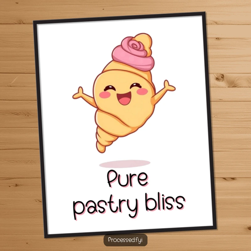 Funny croissant digital art print of a pastry with swirls leaping joyfully, perfect for vibrant and humorous wall decor.