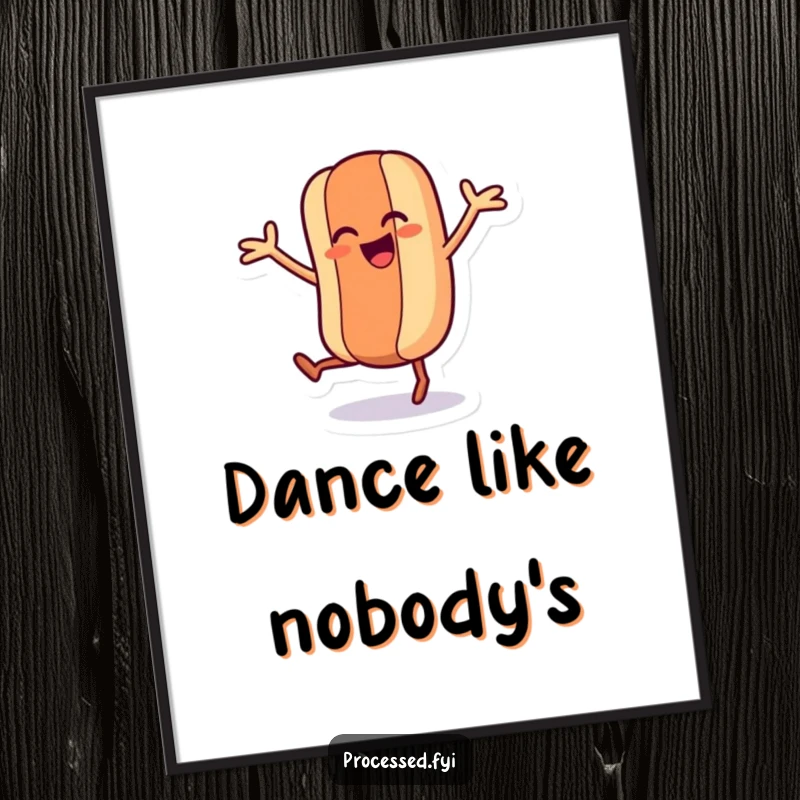 Funny digital art print of a dancing hot dog character wiggling its legs and arms joyfully, perfect for instant decor.