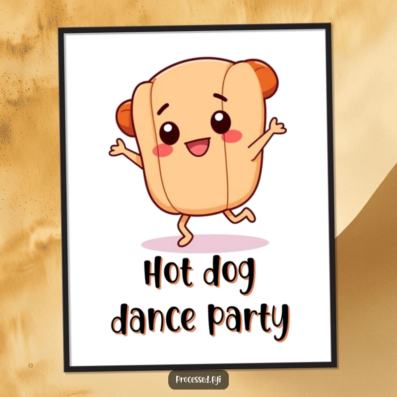 Funny digital art print of a smiling hotdog link with tiny legs doing a frantic dance, ready to instantly add vibrant energy and foodie humor.