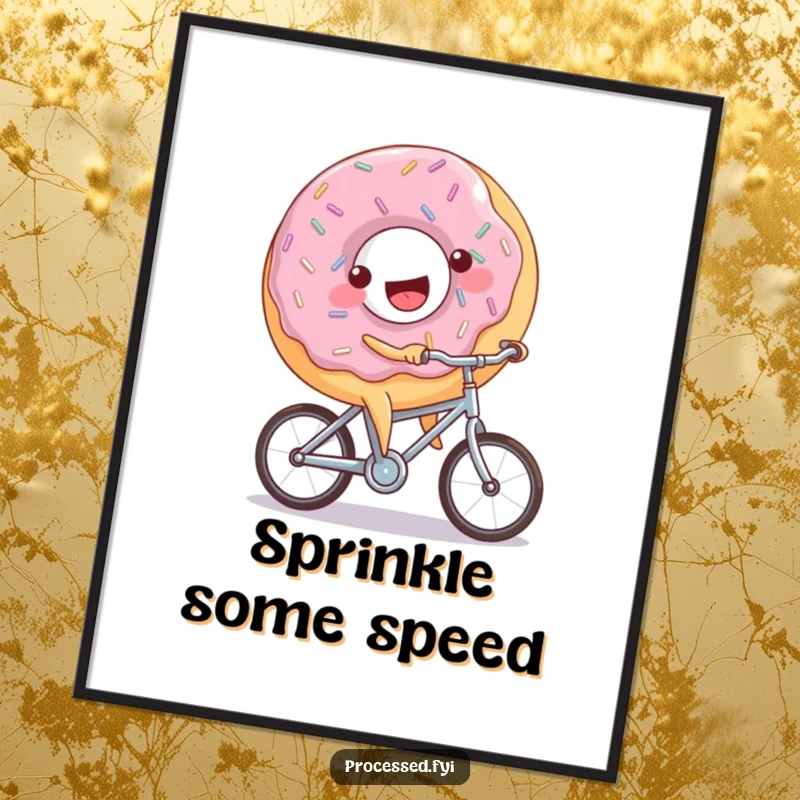 Funny donut bicycle digital art print featuring a joyful donut with sprinkles riding a miniature bicycle, celebrating joyful movement.