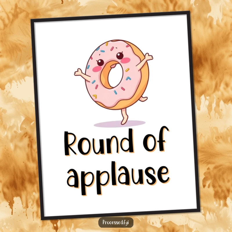 Funny donut digital art print of a cheerful, anthropomorphic donut with sprinkles performing a cartwheel, ready to add vibrant cartoon energy to any room.