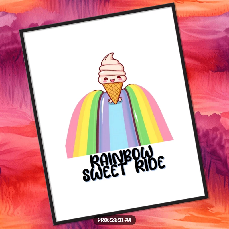 Funny digital art print of a joyful ice cream cone sliding down a rainbow slide, ready for instant printing and framing.