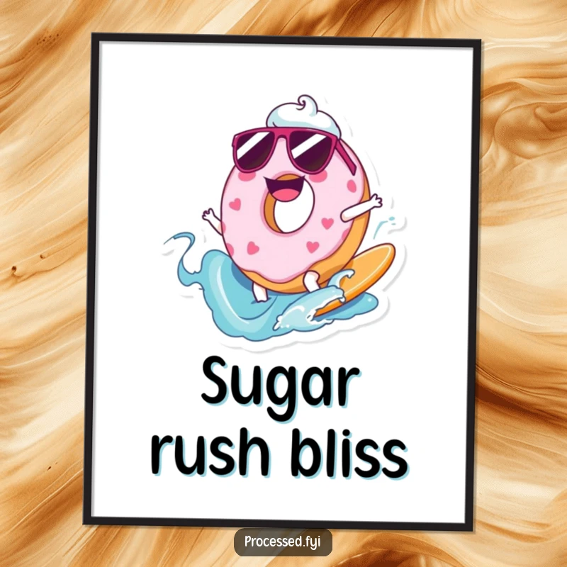 Funny digital art print of a joyful cartoon donut wearing sunglasses, surfing a wave of frosting.