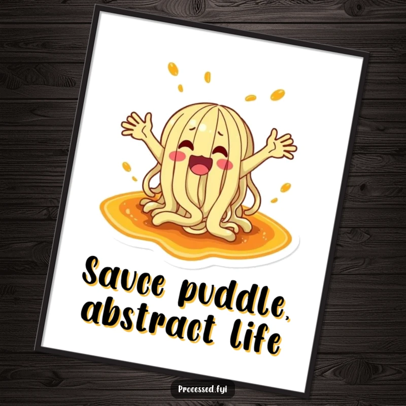 Funny digital art print of a chaotic noodle character with arms flailing, splashing victoriously in a puddle of delicious sauce.