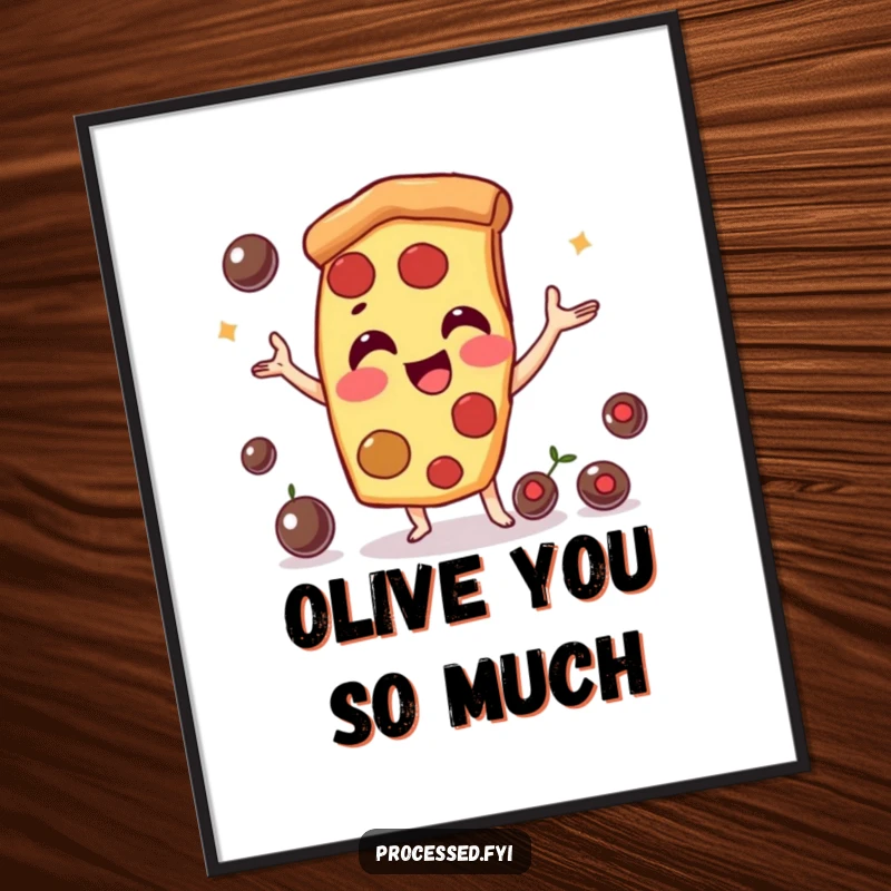 Funny pizza slice character, juggling olives with a smile. A humorous digital artwork for immediate cheer.