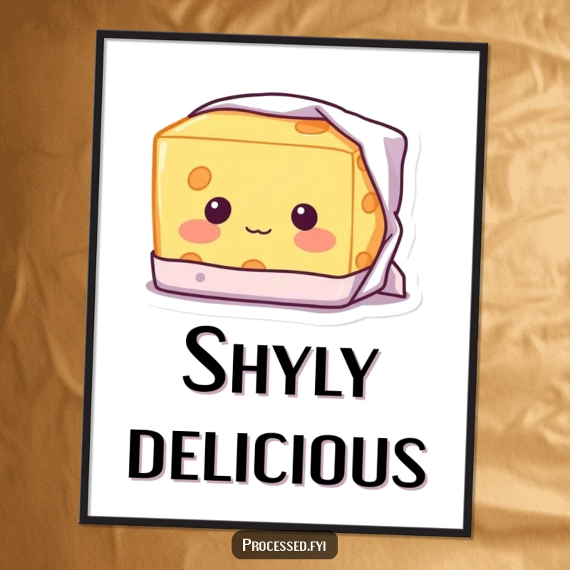 Funny Shy Cheese Digital Art Print: A blushing block of cheese with a shy smile, peeking adorably from its wrapper.