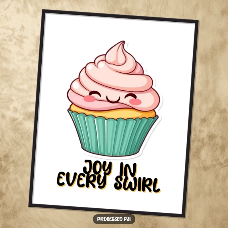Funny digital art print of a smiling cupcake with frosting swirls joyfully hopping, conveying sweet energy and dessert happiness.