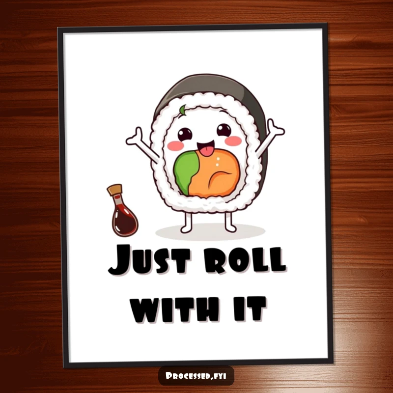 Funny digital art print of a cheerful sushi roll waving happily with arms, a tiny soy sauce bottle nearby, instant decor