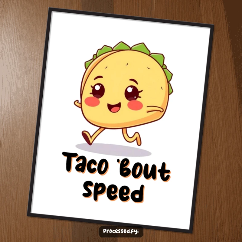 Funny smiling taco with tiny legs jogging determinedly, humorous digital art print for instant motivation.