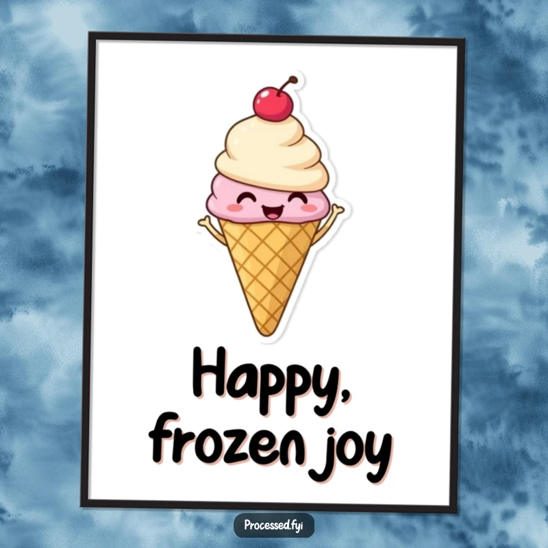 Funny digital art print of a smiling ice cream cone with a cherry, captured mid-shimmy with pure, infectious, sweet delight.