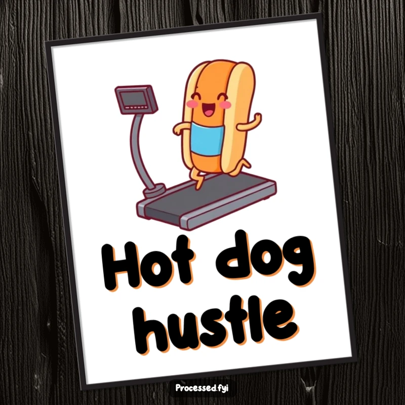 Funny digital art print of a hot dog character jogging on a treadmill, bringing humor and personality to any digital display.