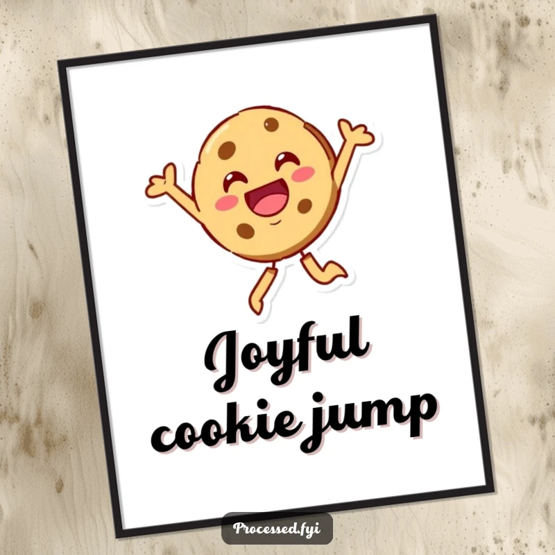 Funny cookie character, beaming and leaping joyfully into the air. A delightful digital artwork for immediate cheer.
