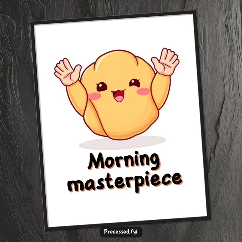Funny digital art print of a happy croissant with arms waving enthusiastically, conveying warmth and cheerful breakfast vibes.