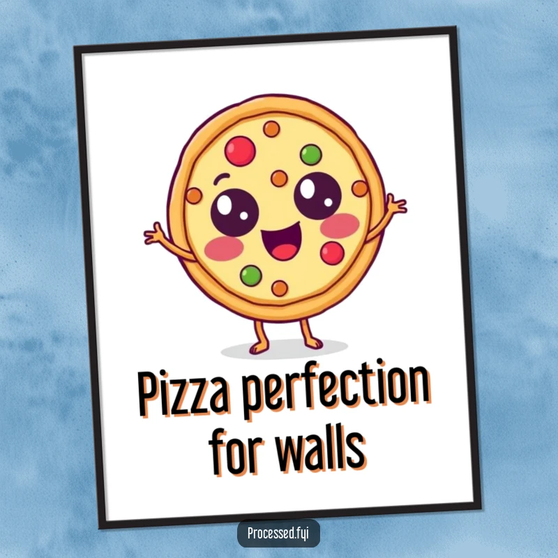 Funny Digital Art Print of a happy pizza slice with topping eyes doing a lively jig, a fun and appetizing illustration.