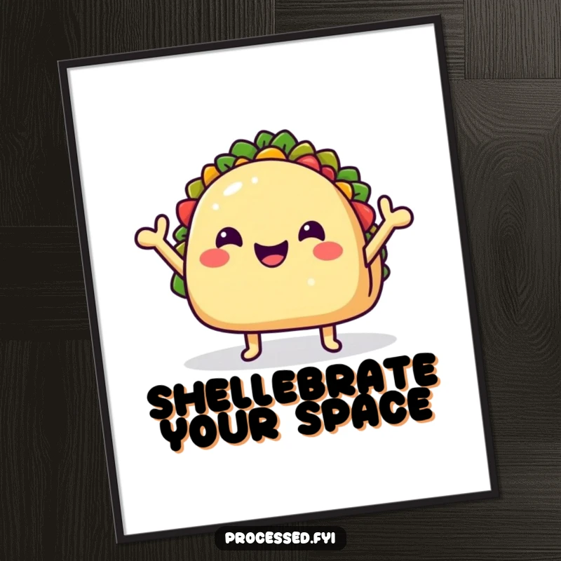 Funny Digital Art Print of a super cheerful taco character waving hello, a lively and humorous food-themed illustration.