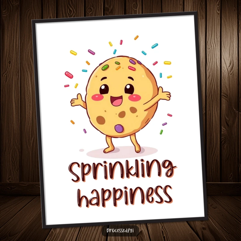 Funny digital art of a happy anthropomorphic cookie juggling colorful sprinkles with excitement, ideal for instant, cheerful wall decor.