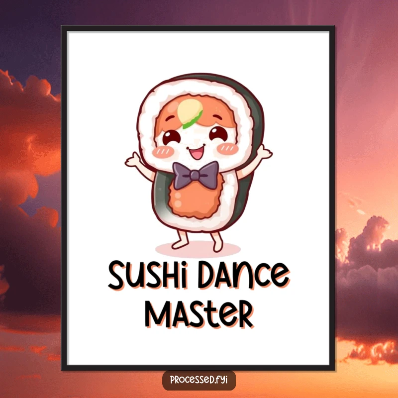 Funny sushi roll digital art print, a happy food character in a bow tie, doing a joyful little dance.