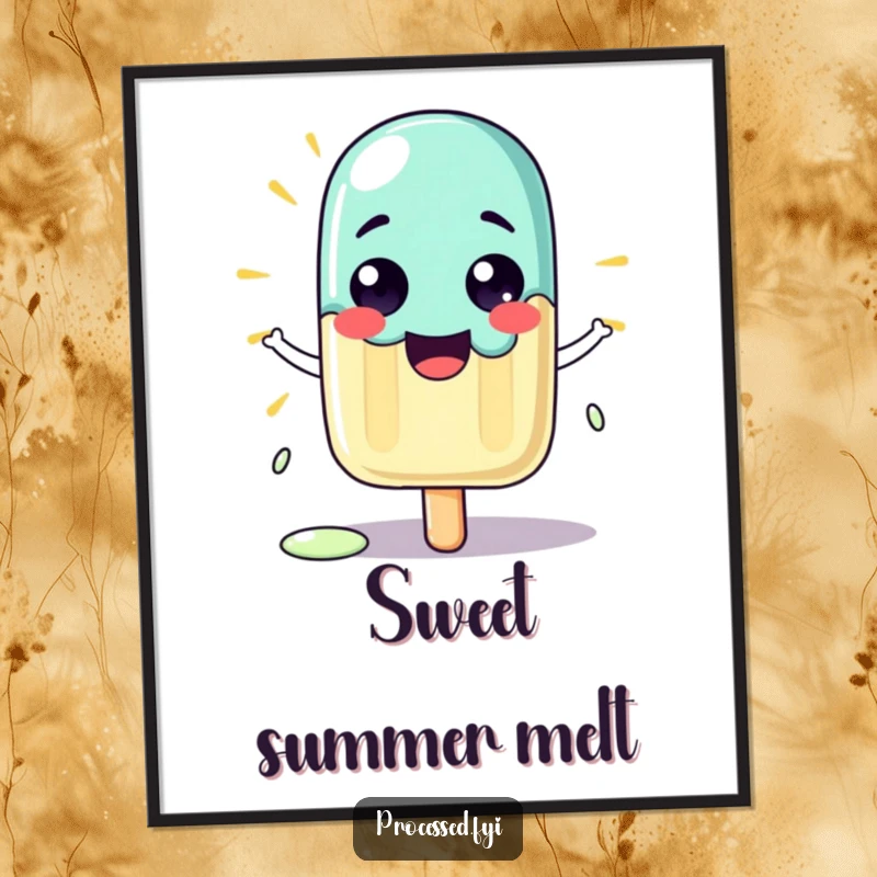 Funny digital art print of a proud cartoon popsicle character beaming while melting slightly in the sun.