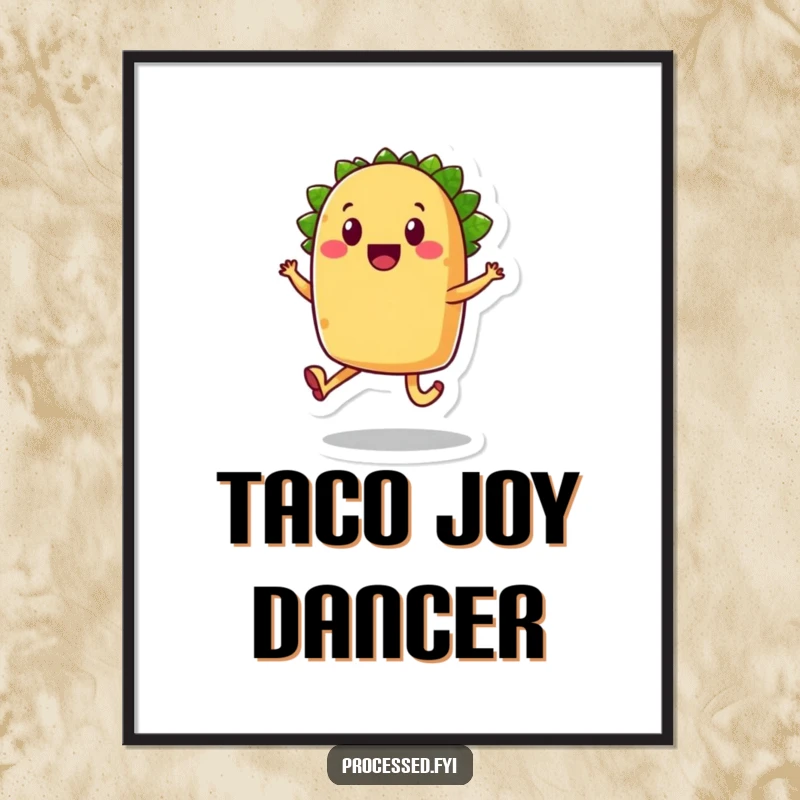 Funny taco digital art print, a smiling anthropomorphic food character with legs, joyfully skipping.